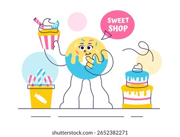 Sweet Shop Vetor Illustration Apresentando a venda de vários produtos de padaria, bolos, bolos, pastéis ou doces em um plano de fundo de desenhos animados estilo