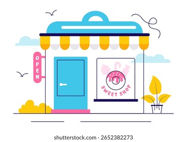 Sweet Shop Vetor Illustration Apresentando a venda de vários produtos de padaria, bolos, bolos, pastéis ou doces em um plano de fundo de desenhos animados estilo