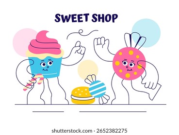 Sweet Shop Vetor Illustration Apresentando a venda de vários produtos de padaria, bolos, bolos, pastéis ou doces em um plano de fundo de desenhos animados estilo