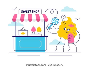 Sweet Shop Vetor Illustration Apresentando a venda de vários produtos de padaria, bolos, bolos, pastéis ou doces em um plano de fundo de desenhos animados estilo