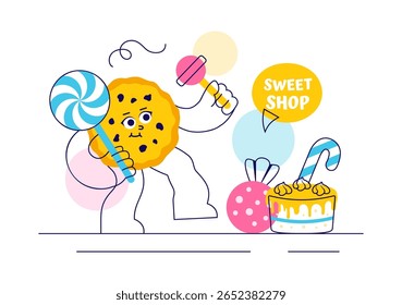 Sweet Shop Vetor Illustration Apresentando a venda de vários produtos de padaria, bolos, bolos, pastéis ou doces em um plano de fundo de desenhos animados estilo