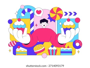 Sweet Shop Vector Illustration Featuring Sales Of Various Bakery Products Including Cupcakes Cakes Pastries And Candy In Flat Style Cartoon Background