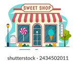Sweet Shop Vector Illustration with Selling Various Bakery Products, Cupcake, Cake, Pastry or Candy in Flat Cartoon Background Design