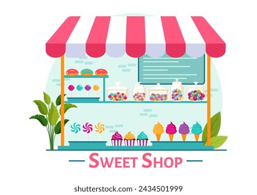 Sweet Shop Vector Illustration with Selling Various Bakery Products, Cupcake, Cake, Pastry or Candy in Flat Cartoon Background Design