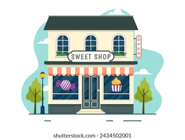 Sweet Shop Vector Illustration with Selling Various Bakery Products, Cupcake, Cake, Pastry or Candy in Flat Cartoon Background Design