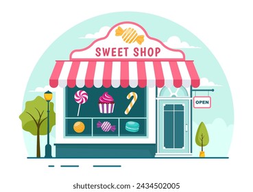 Sweet Shop Vector Illustration with Selling Various Bakery Products, Cupcake, Cake, Pastry or Candy in Flat Cartoon Background Design