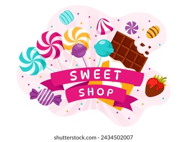 Ilustración vectorial de Sweet Shop con la venta de diversos productos de panadería, quequitos, pasteles o dulces en diseño de fondo plano de dibujos animados