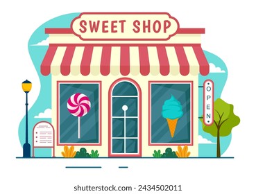 Ilustración vectorial de Sweet Shop con la venta de diversos productos de panadería, quequitos, pasteles o dulces en diseño de fondo plano de dibujos animados