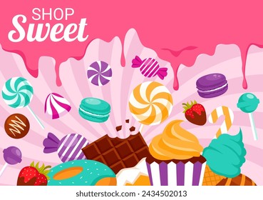 Sweet Shop Vector Illustration with Selling Various Bakery Products, Cupcake, Cake, Pastry or Candy in Flat Cartoon Background Design