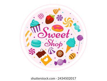 Sweet Shop Vector Illustration with Selling Various Bakery Products, Cupcake, Cake, Pastry or Candy in Flat Cartoon Background Design