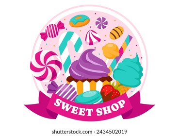 Sweet Shop Vector Illustration with Selling Various Bakery Products, Cupcake, Cake, Pastry or Candy in Flat Cartoon Background Design