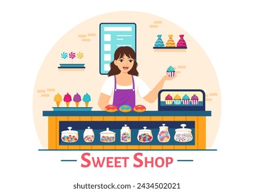 Sweet Shop Vector Illustration with Selling Various Bakery Products, Cupcake, Cake, Pastry or Candy in Flat Cartoon Background Design