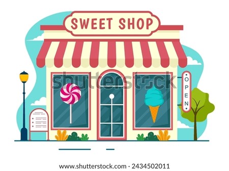 Sweet Shop Vector Illustration with Selling Various Bakery Products, Cupcake, Cake, Pastry or Candy in Flat Cartoon Background Design