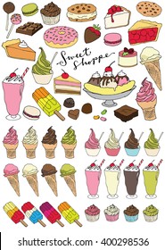 Sweet Shoppe Vector Illustrations - Set of Delicious Dessert Items Including Ice Cream, Cake, Sundae, Popsicles, Candy and Cupcakes.