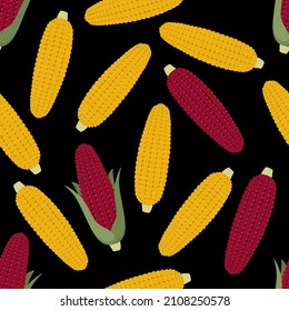 Sweet And Siamese Red Ruby Corn Seamless Patterned And Background. Organic Healthy Vegetable And Food Wallpaper. -Vector