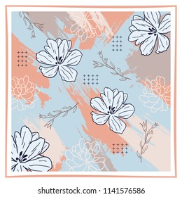 Sweet silk scarf design with cute flowers and abstract brush background