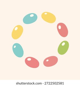 Design doce e simples com um arranjo circular de doces ovais de cor pastel ou jujubas, criando um elemento gráfico delicioso