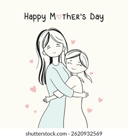 A sweet, simple, hand-drawn illustration for Mother's Day featuring a mother and child hugging. Soft pastel colors, hearts floating around them, and cheerful expressions create a warm and loving image
