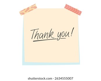 Sweet and simple Thank you, sticky note design with floral accents, perfect for greeting cards, invitations, or gratitude messages. Vector illustration