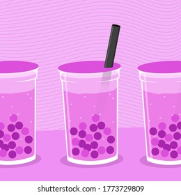 Sweet Sips in Purple: Indulge in the sweet satisfaction of visually appealing purple cartoon boba drinks featuring delightful tapioca pearls. A playful and flat-style representation for any beverage