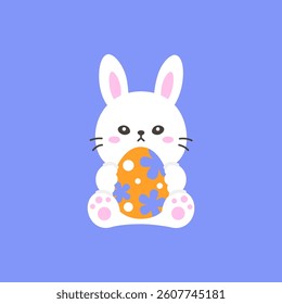 Sweet Sitting Bunny Holding a Floral-Patterned Easter Egg on a Blue Background