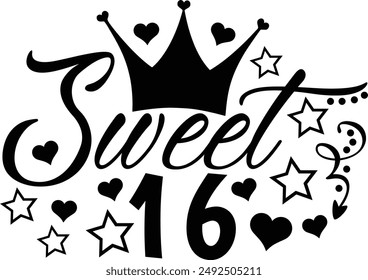 Sweet Sixteen 16 Year's Old Birthday Typography Design