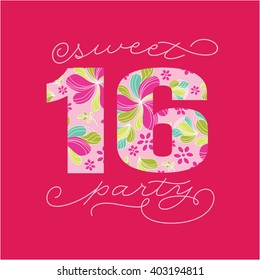 Sweet Sixteen, 16th Birthday Party Text - Vector