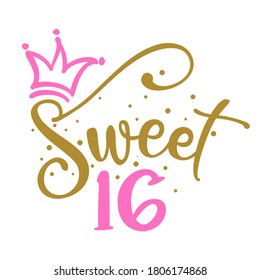 Sweet Sixteen (16th) Birthday teenage girl year anniversary. Princess Queen. Toppers for birthday cake. Number 16. Good for cake toppers, T shirts, clothes, mugs, posters, textiles, gifts, baby sets.