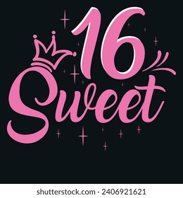 Sweet Sixteen (16th) Birthday teenage girl year anniversary. Princess Queen. Toppers for birthday cake. Number 16. Good for cake toppers one vector.