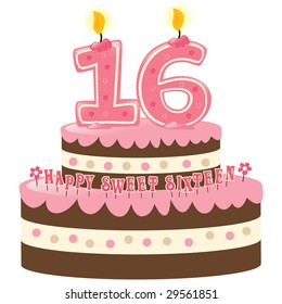 Sweet Sixteen Birthday Cake With Numeral Candles Isolated