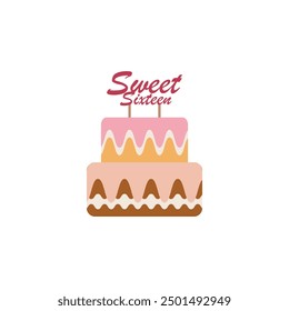 Dulce dieciséis icono de Vector de pastel de cumpleaños, pastel de cumpleaños de dieciséis para la celebración icono de Vector de color para App de alimentos y Web