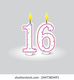 Sweet sixteen birthday candle. Celebration number decoration. Vibrant festive design. Vector illustration. EPS 10.