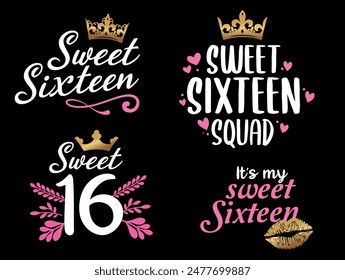 Sweet Sixteen Birthday Party Set of Typography vector