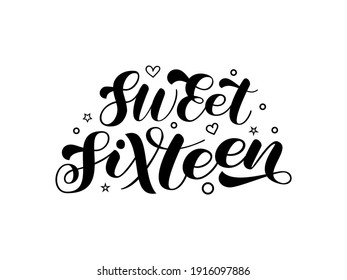 Sweet Sixteen brush lettering. 16x birthday girl. Phrase for shirt. Vector stock illustration for cloth or banner