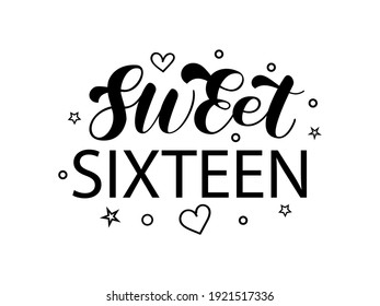 Sweet Sixteen brush lettering. 16x birthday girl. Phrase for shirt. Vector stock illustration