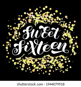 Sweet Sixteen brush lettering. 16x birthday girl. Phrase for shirt. Vector stock illustration