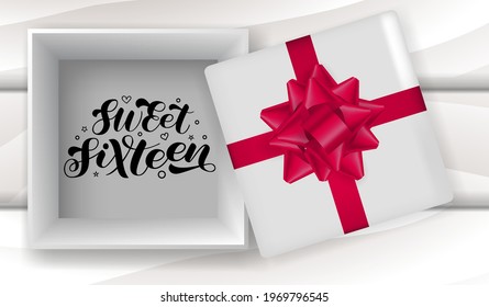 Sweet Sixteen brush lettering. 16x birthday girl. Open gift box realistic style. Vector illustration