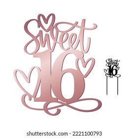 Sweet sixteen cake topper with 16 number, flourishes and hearts with rose gold metallic effect. Teenage girl Birthday party decoration cut file vector design with calligraphy text.