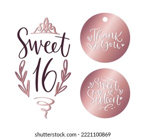 Sweet sixteen card, thank you favour tag and round sticker label design. 16th Birthday luxury style party decoration honouring a teenage girl in white, black and rose gold colors.