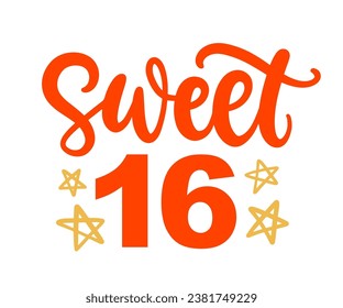 Sweet Sixteen celebration modern hand written brush lettering, isolated on white background. Birthday 16 ink calligraphy. Tee shirt print, typography card, poster design. Vector illustration.