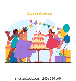 Sweet sixteen concept. Milestone birthday with grand cake and joyous friends. Celebratory cheers, vibrant balloons, and festive banners mark occasion. Tiara and high heels. Flat vector illustration