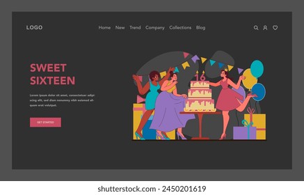 Sweet sixteen concept. Milestone birthday with grand cake and joyous friends. Celebratory cheers, vibrant balloons, and festive banners mark occasion. Tiara and high heels. Flat vector illustration