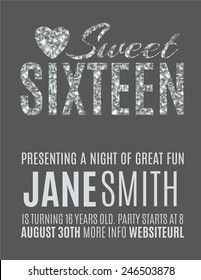 Sweet sixteen glitter party invitation flyer template design