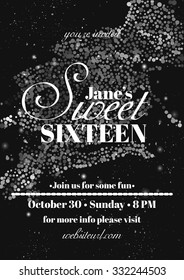 Sweet sixteen glitter party invitation flyer template design. Abstract  background for card, flyer, leaflet, brochure, banner, web design.