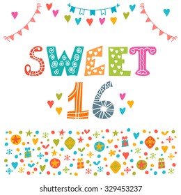 Sweet sixteen. Invitation flyer template design. Cute hand drawn postcard. Vector illustration