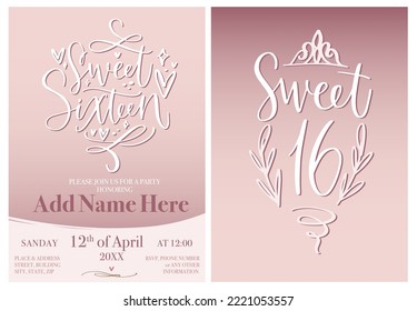 Sweet sixteen invitation template for 16th Birthday party. Modern calligraphy card in blush pink, mauve and white colors. Elegant design with flourishes, hearts and diadem.