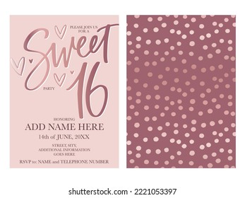 Sweet sixteen invitation template in rose gold and dusty pink colors with metallic effect. 16th Birthday party modern calligraphy double sided vector design with confetti background and hearts.