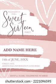 Sweet sixteen modern invitation template with paint texture background in blush pink and white colors. 16th Birthday party modern calligraphy vector design with botanical and heart clipart elements.