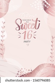 Sweet sixteen party invitation. 16th birthday celebration card layout. Rose gold decoration and modern calligraphy text.