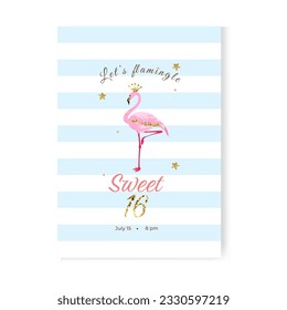 Sweet sixteen party invitation card with a flamingo, glitters and stars. Template design. Vector illustration